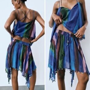 Zara Multicolor Striped Asymmetrical Hem Two-Piece Set With Beaded Details